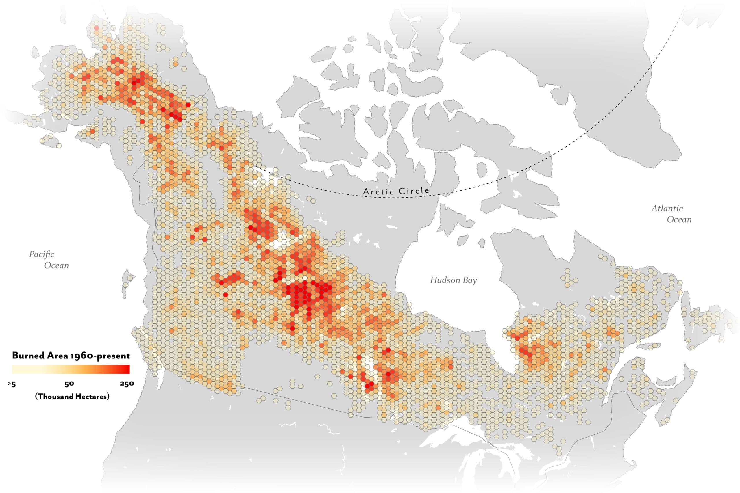 Canada map showing area that has burned 1960-2018