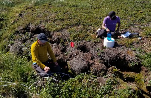 Investigating an area of slumping caused by permafrost thaw.