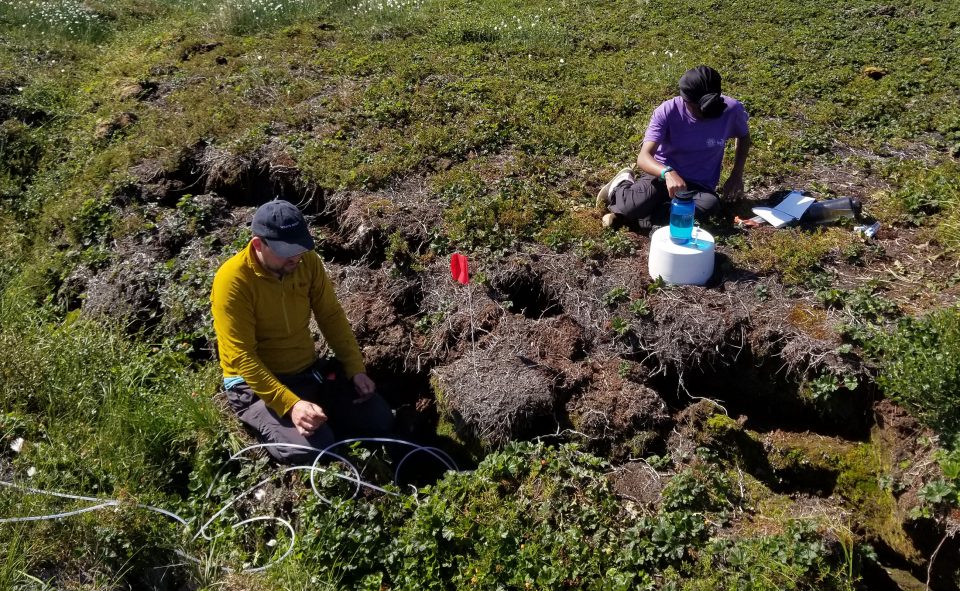 Investigating an area of slumping caused by permafrost thaw.