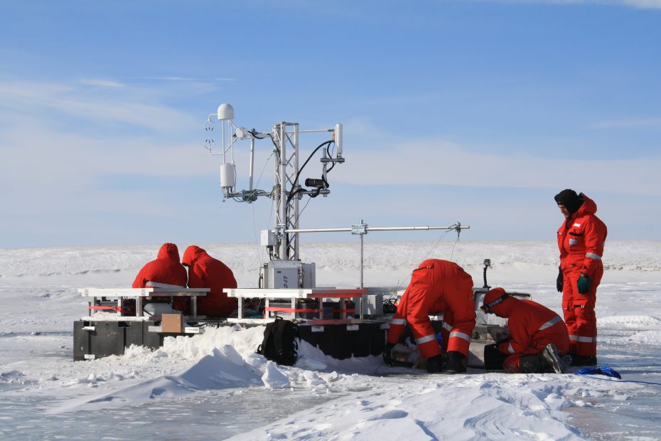 Scientists set up flux tower, 2014, Lena River Delta, Siberia