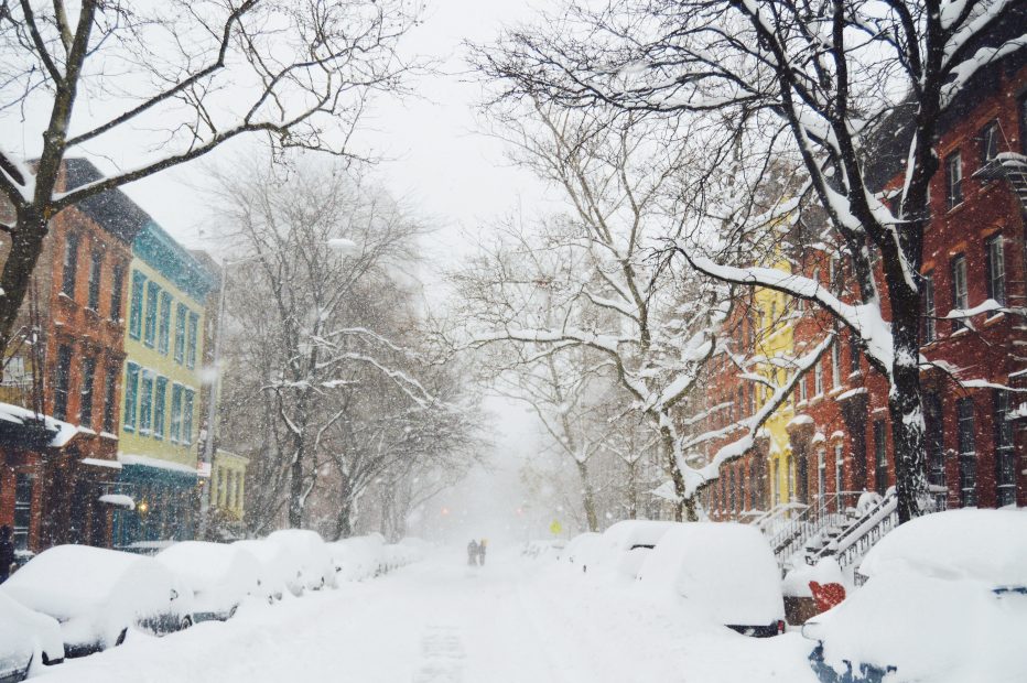 Show-covered city street.