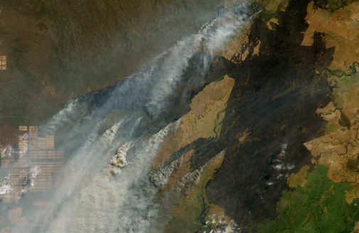 satellite image of fires' smoke in Bolivia.