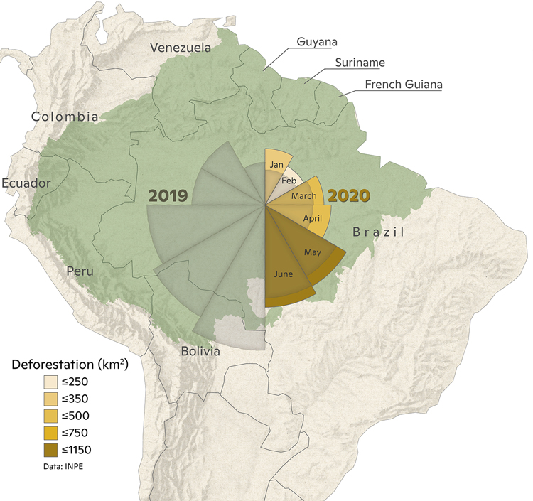 Amazon map of deforestation January-June 2020 in comparison to deforestation in 2019.