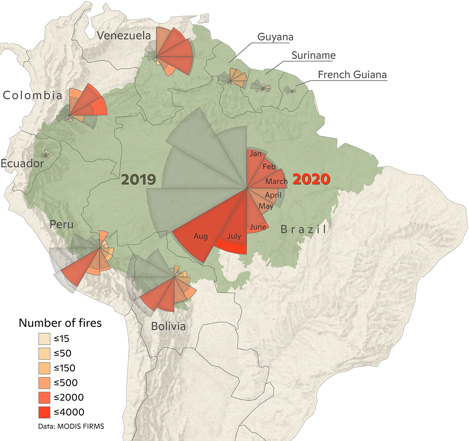 Map with coxcomb graph of 2020 fires January-August