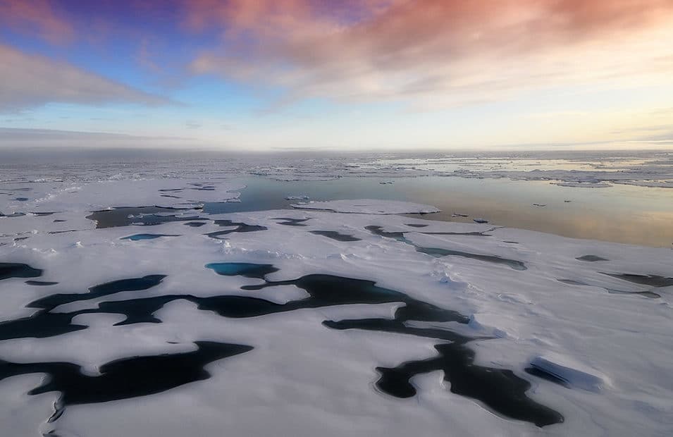 Sunset on partially melted Arctic sea ice