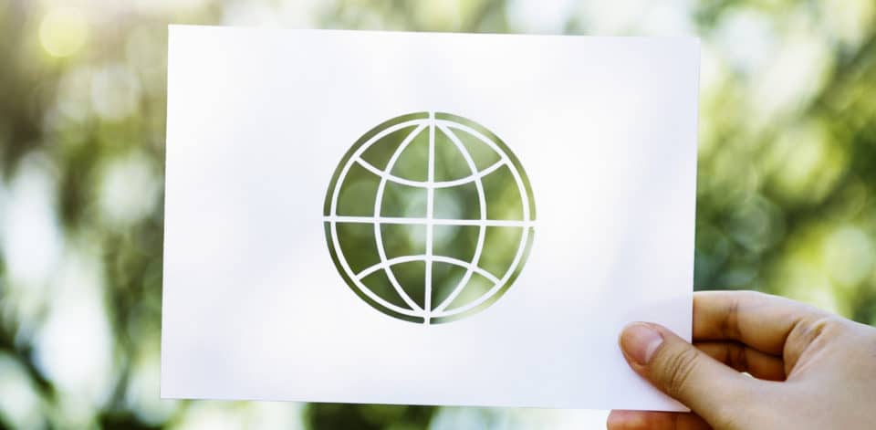 paper with globe outline cutout with trees behind