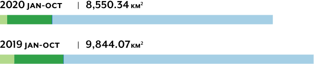 Bar graph of deforestation by land tenure for 2019 vs 2020. 2020 is about 85% of 2019 as of October. 