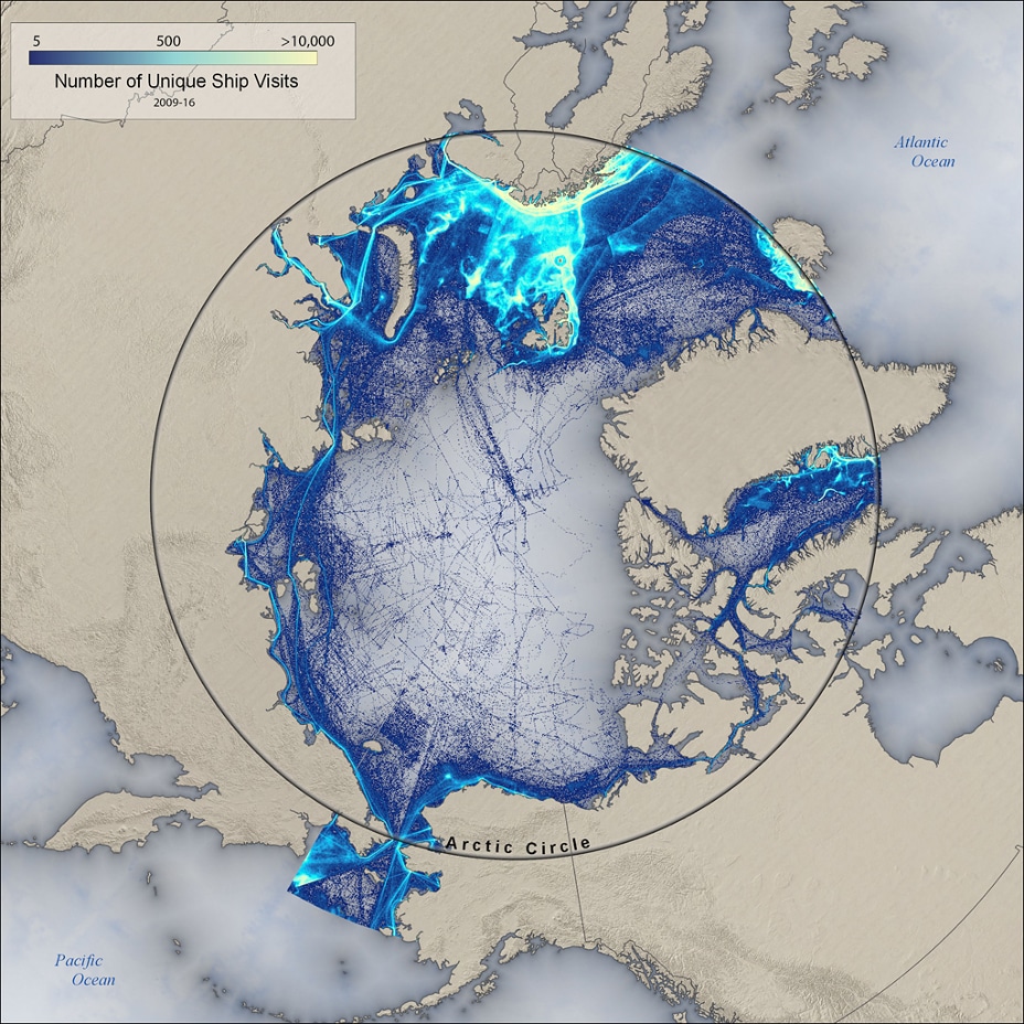 Map showing paths of unique Arctic ship paths from 2009-2016.