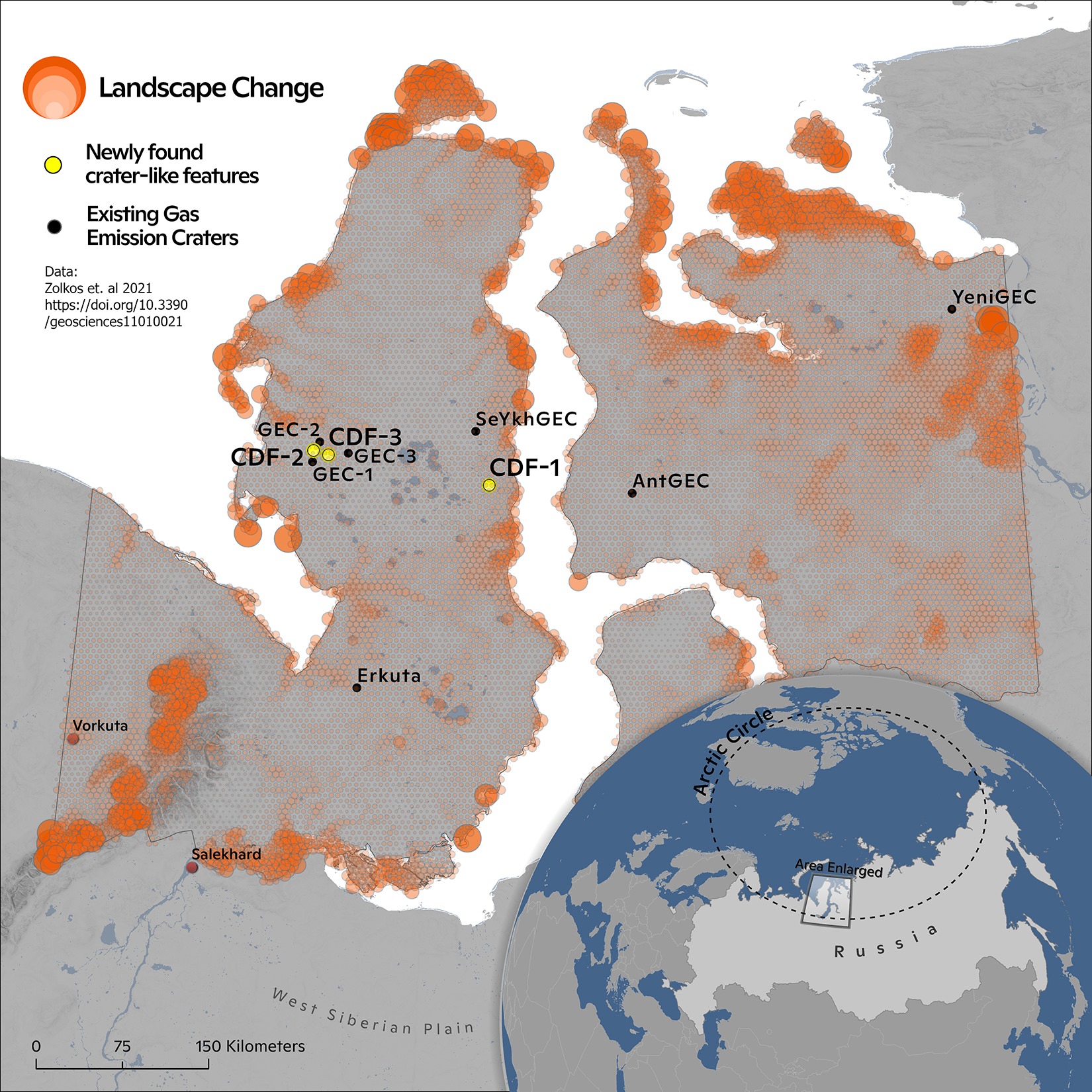 Map showing the extent of landscape changes and location of gas emission craters found.