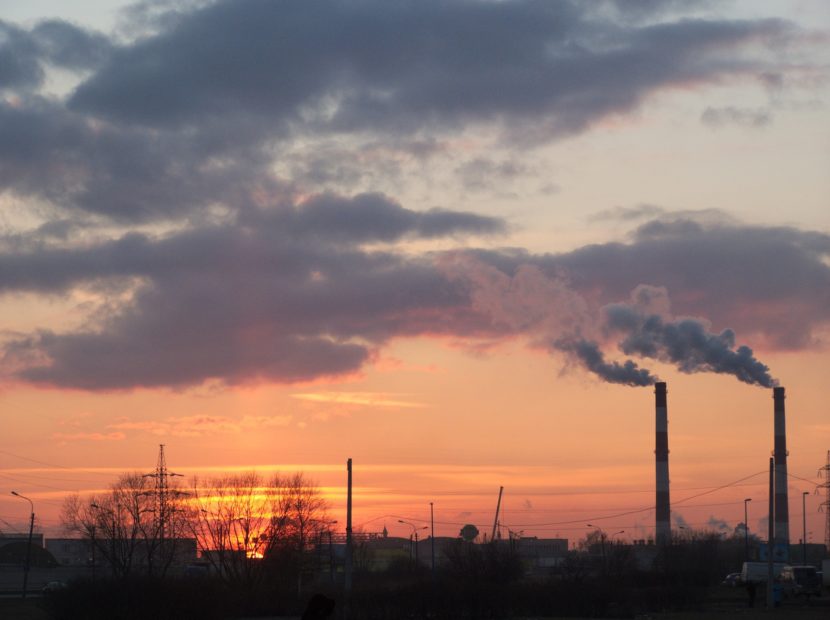 smokestacks at sunset