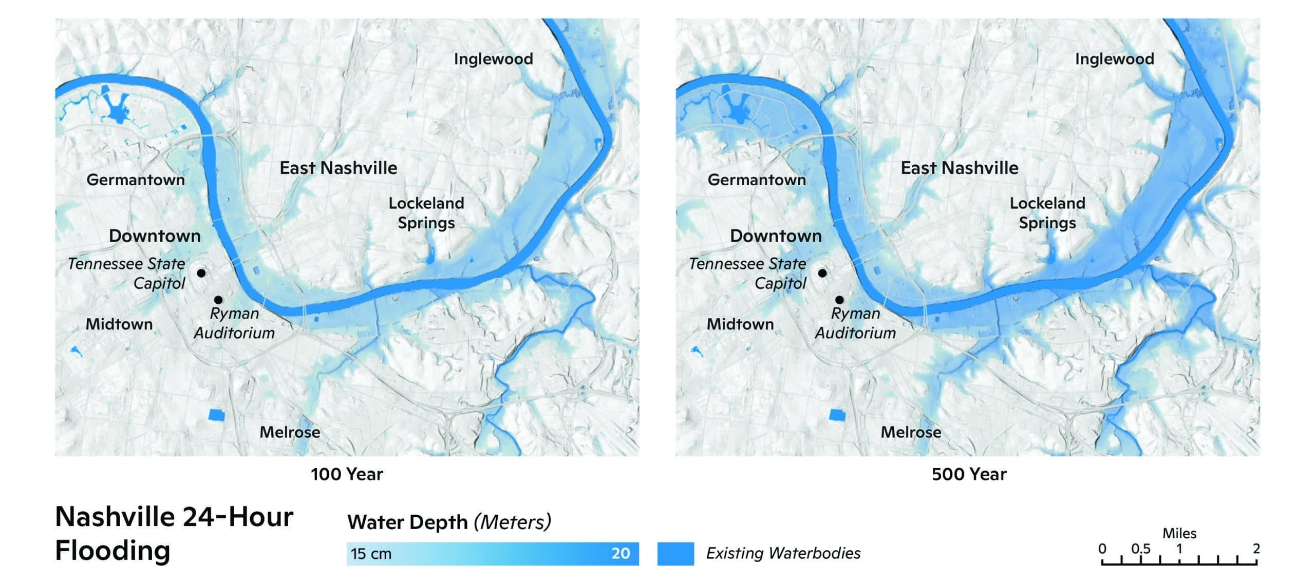 Projected inundation of Nashville, TN resulting from 100- and 500-year storms. / maps by Carl Churchill