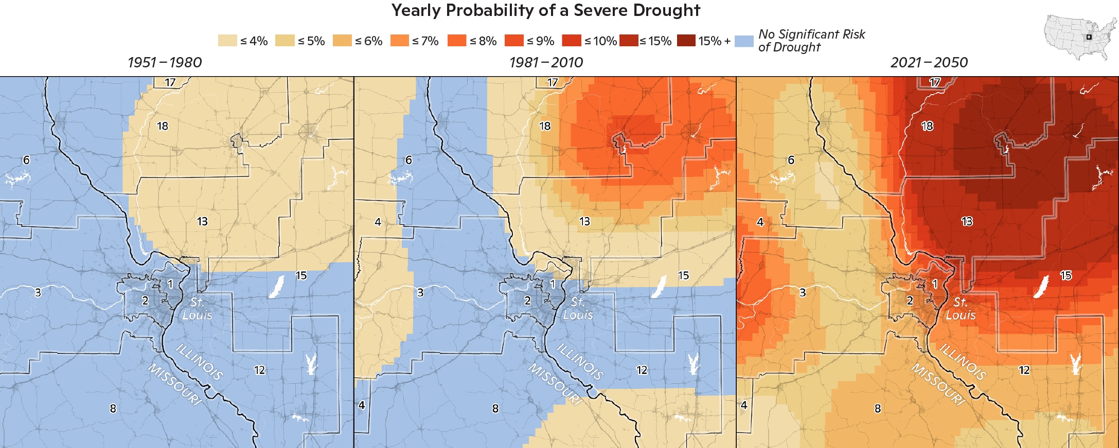 Annual likelihood of extreme drought in the past, present and projected future for the St. Louis, Missouri region. / maps by Carl Churchill