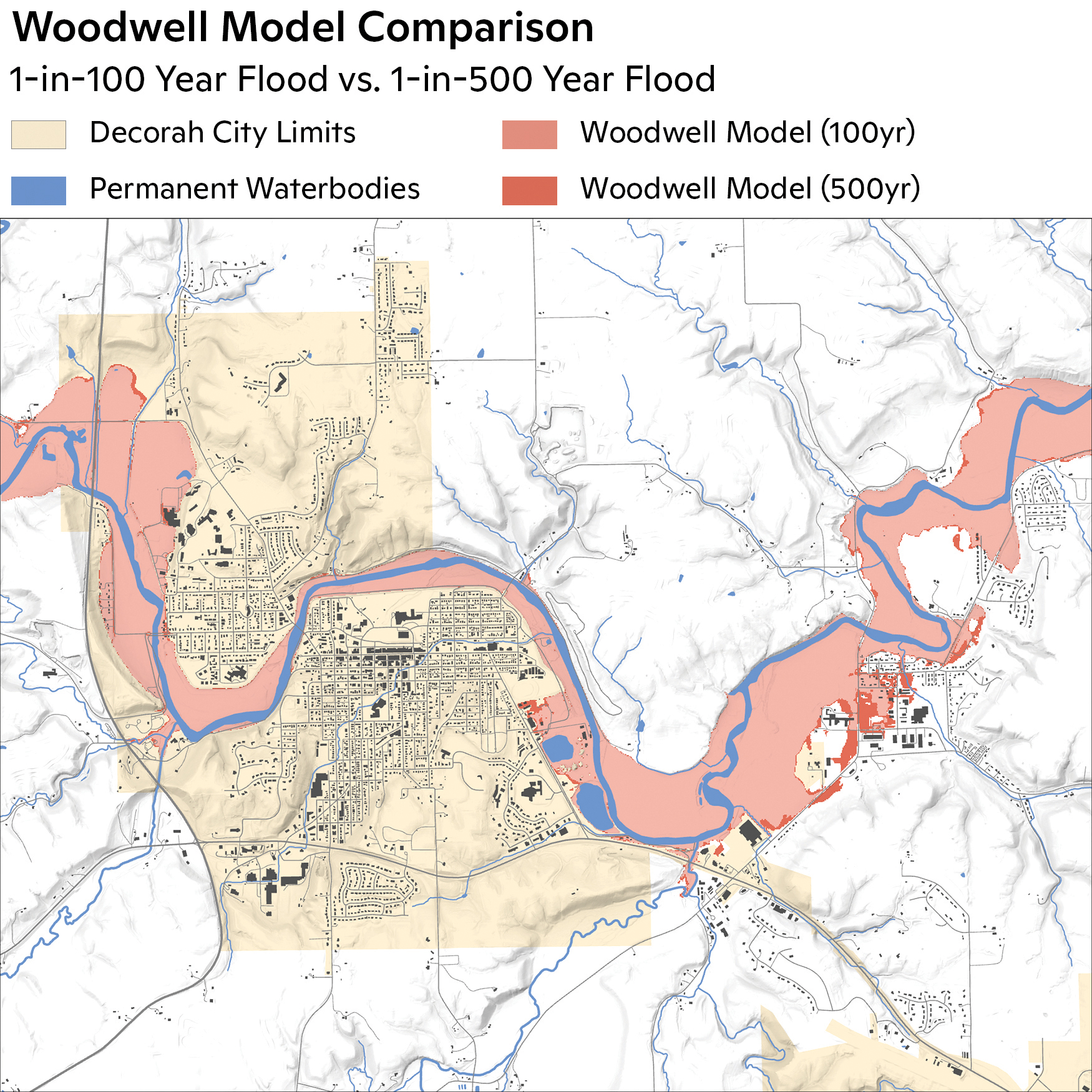 Above: Projected flood risk for Decorah, Iowa. / map by Carl Churchill