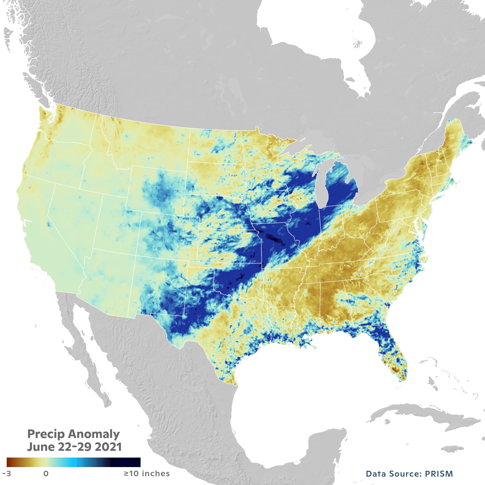 precipitation anomalies across us during mid June