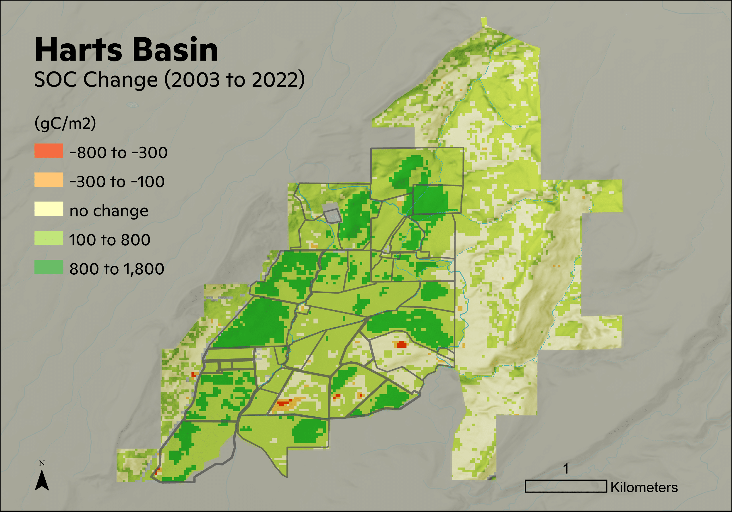 Map of soil carbon change over the past 20 years across a ranch in SW Colorado. Most of the area has gained soil organic carbon, but a handful of small spots show a loss of carbon