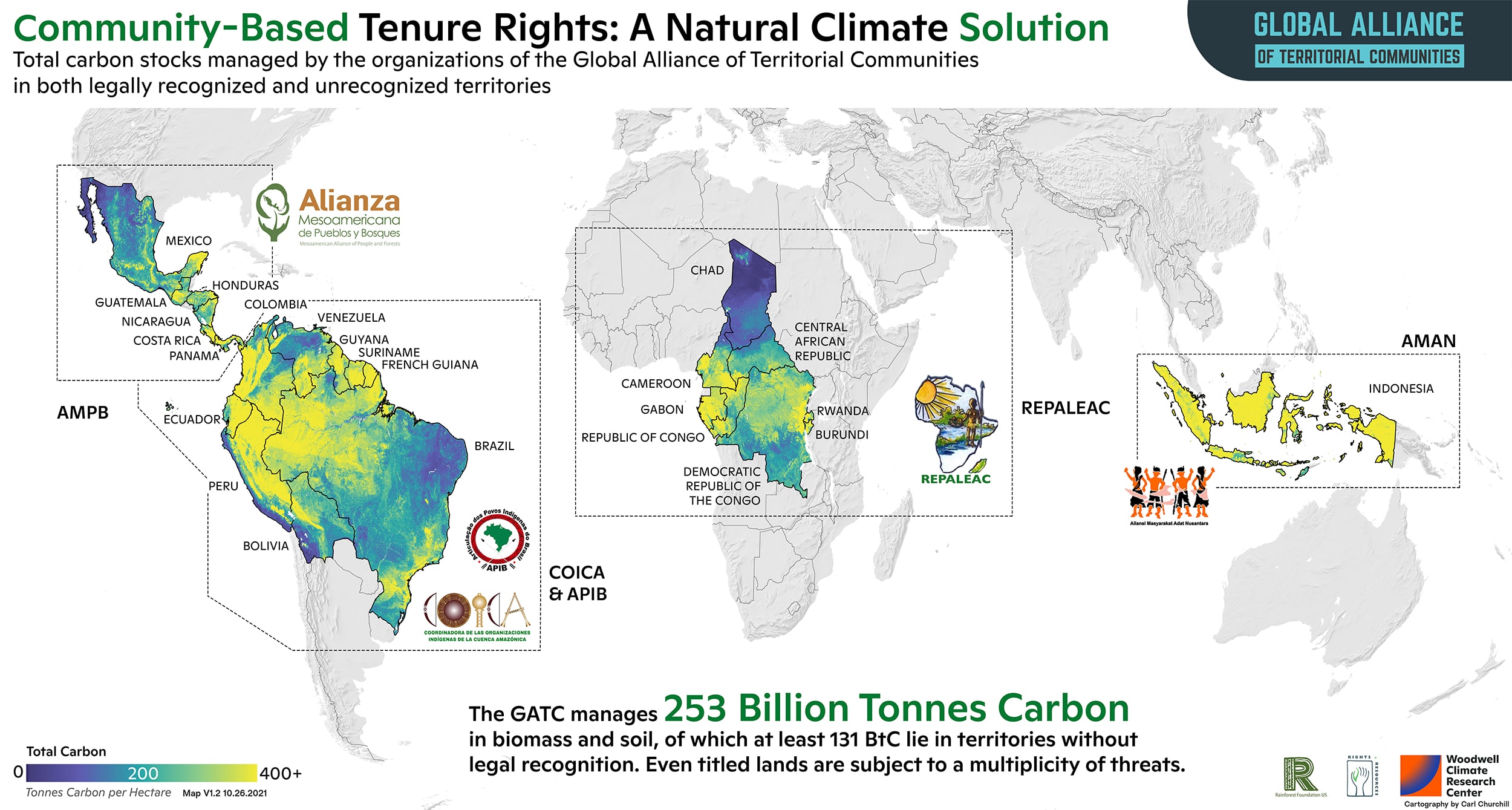 Map of stored biomass carbon in Central and South America, Central Africa, and Southeast Asia.