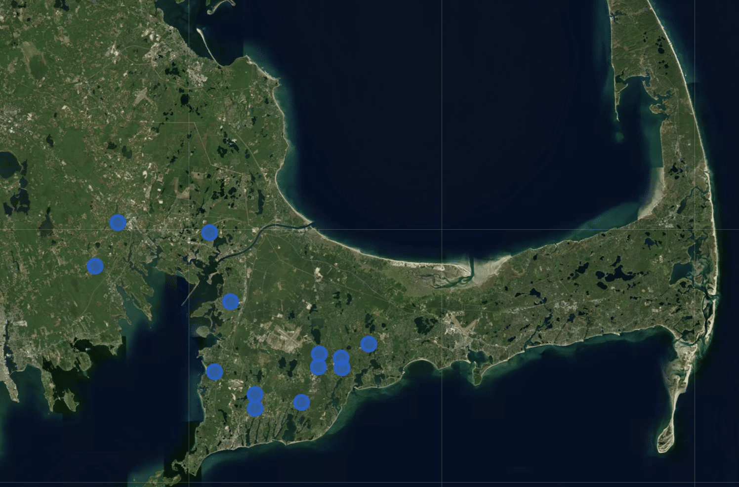 a satellite map of Cape Cod with blue dots that show river sampling locations. 13 dots mark locations in southwest Cape Cod