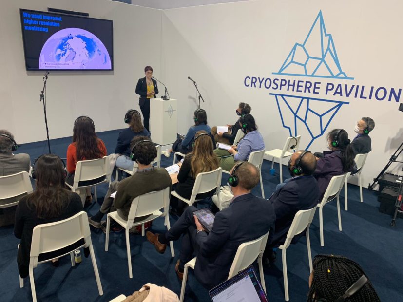 Rachel Treharne speaks in the Cryosphere Pavilion at COP26, photo by Dave McGlinchey