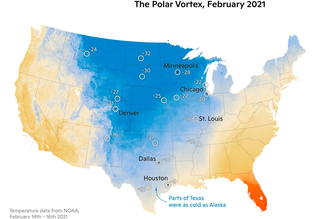 map of anomalous temperatures in the south central US, February 2021