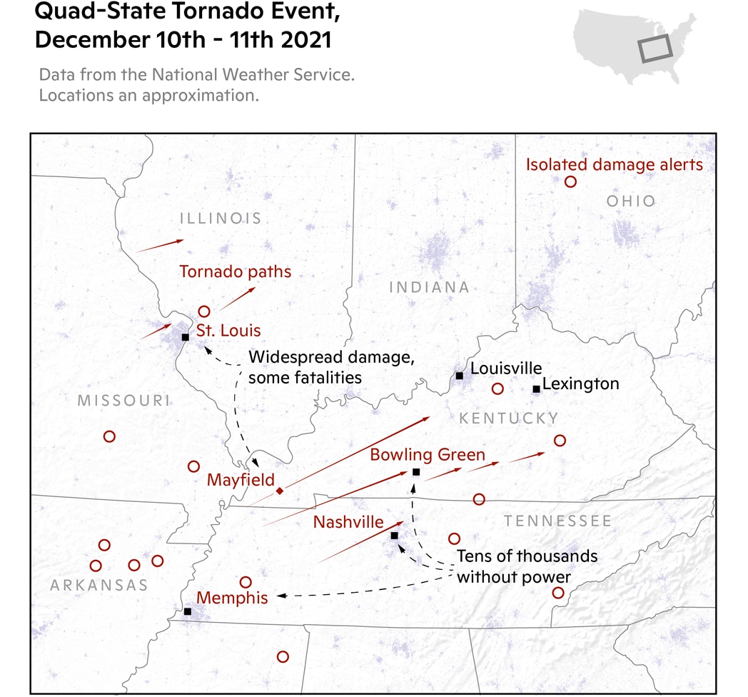 map of December tornadoes in Midwest US