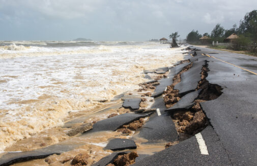 Coastal road damage sustained from a storm.