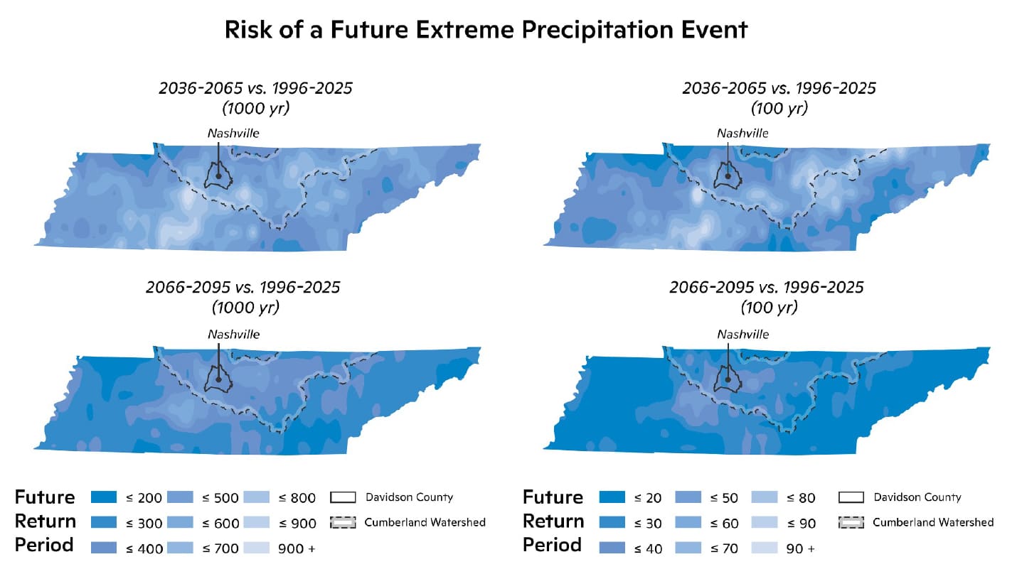 Risk of a future extreme precipitation event, Nashville maps