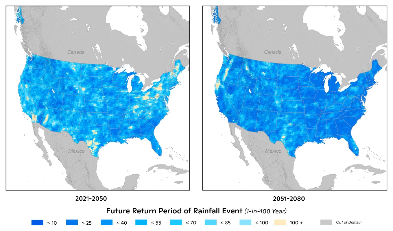 Future of return period of rainfall event (1-in-100 year), U.S. map