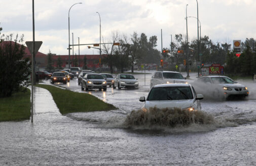 Flooding street during rainstorm