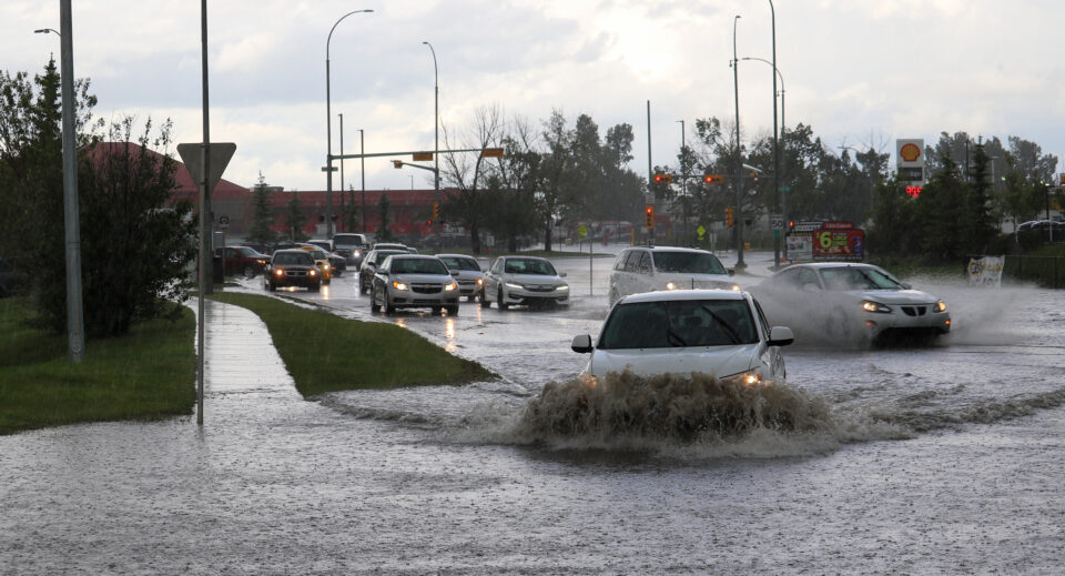 Flooding street during rainstorm