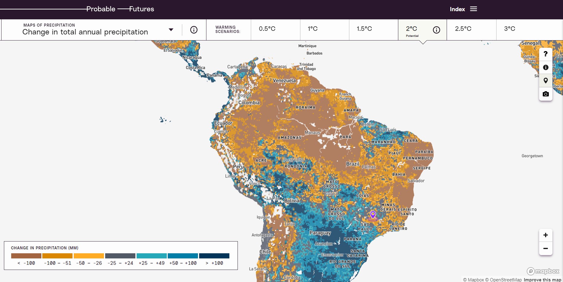 map of precipitation changes at 2 degrees celsius