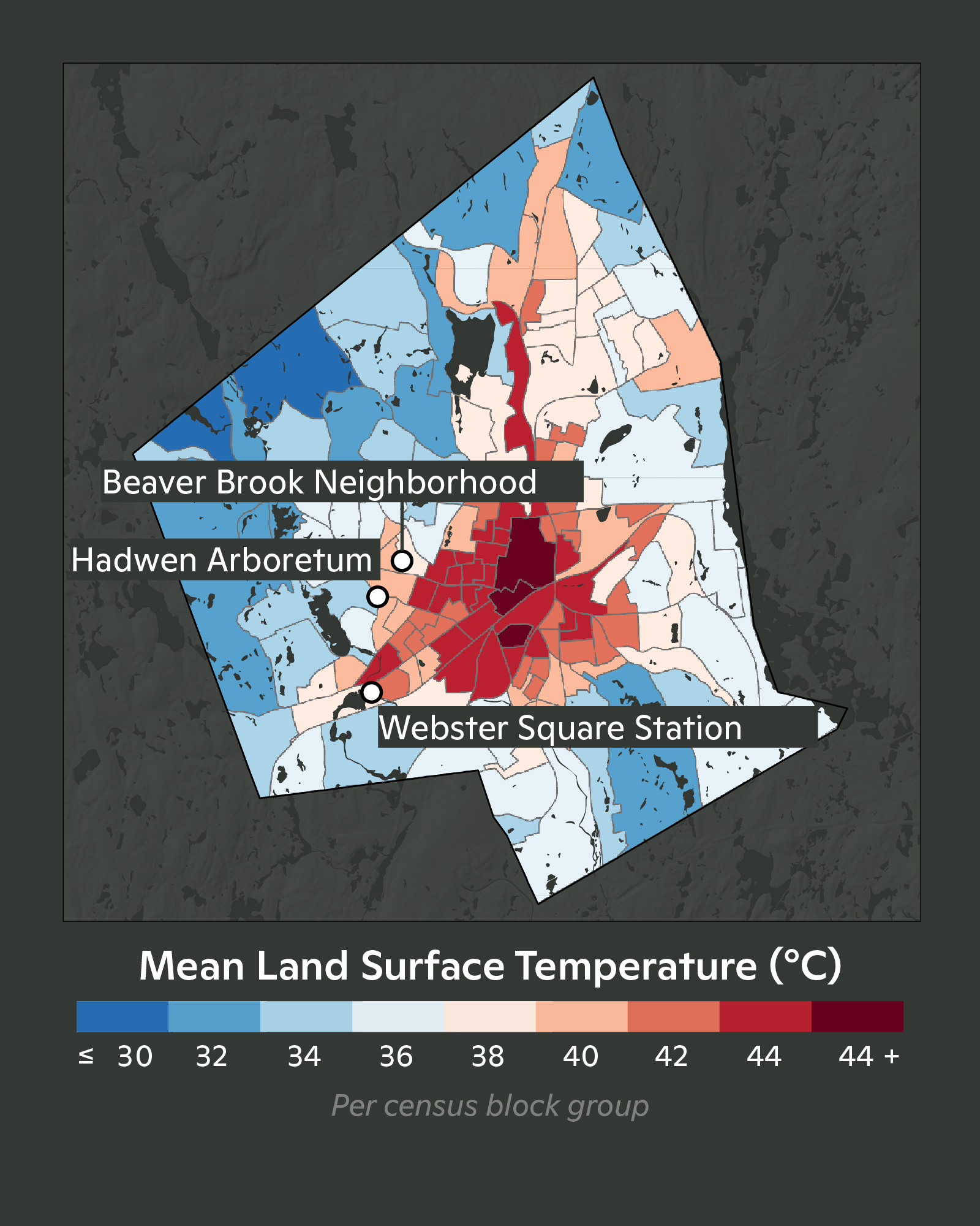 land surface temperature in Worcester. hotter temperatures are clustered in the center of the city