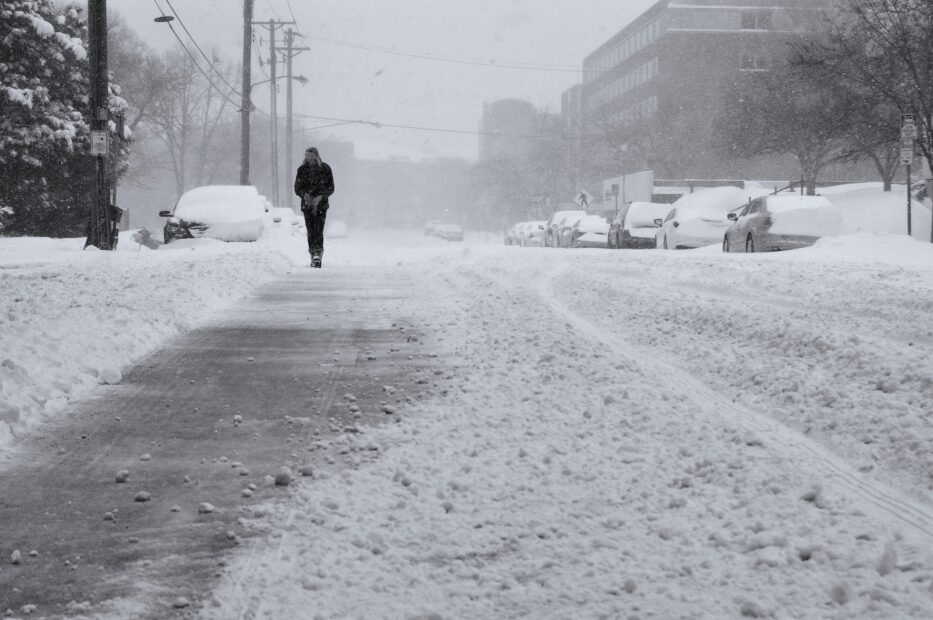 Stock image: A person walks away from the camera down a snowy street, next to cars blanketed with snow