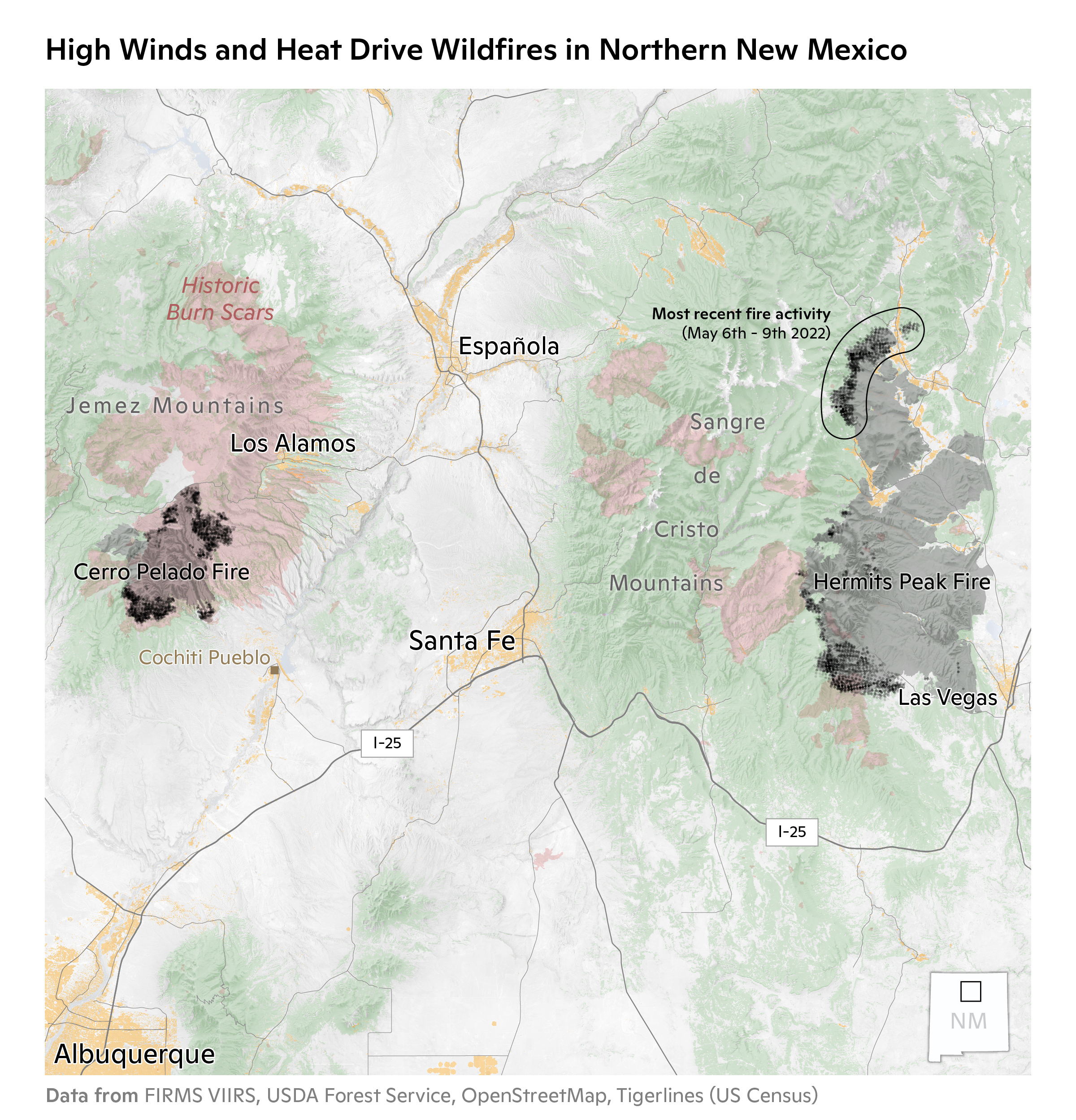 map of current and historic fires in New Mexico