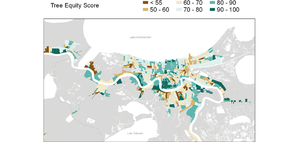 Vulnerability to extreme heat in New Orleans. The average TES for New Orleans is 74 out of 100.