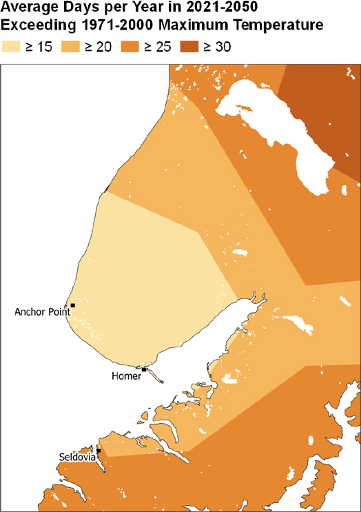 Average Number of Days Exceeding 1971-2000 Maximum Temperature map