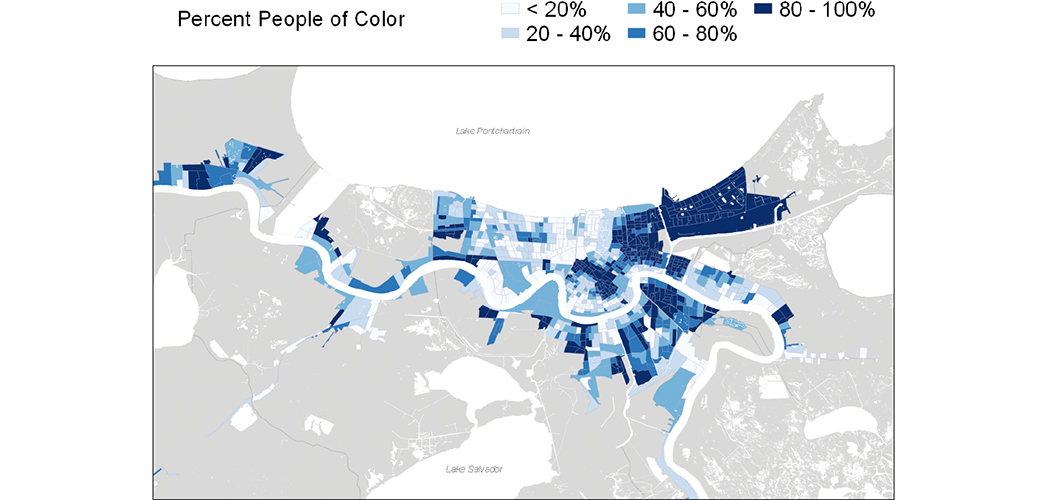 Map of distribution of people of color across New Orleans.