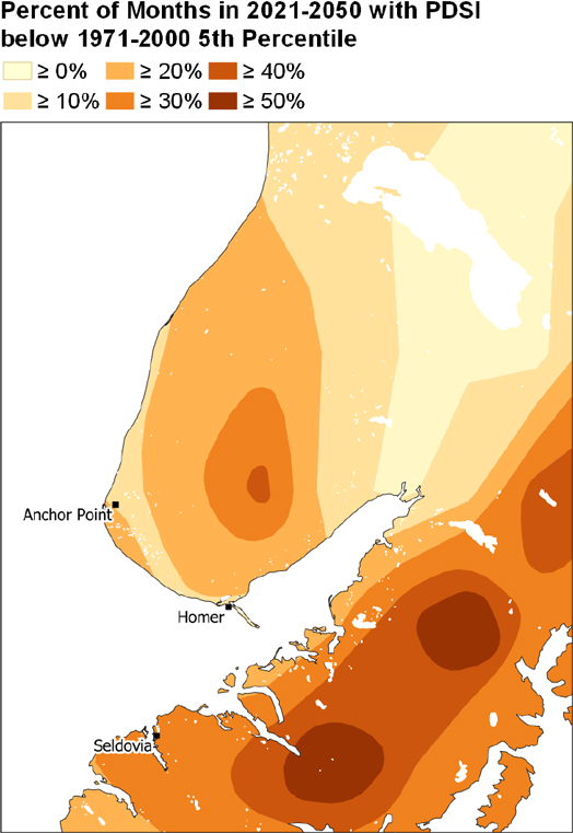 Drought stress 2021-2050 below 1971-2000 highest levels