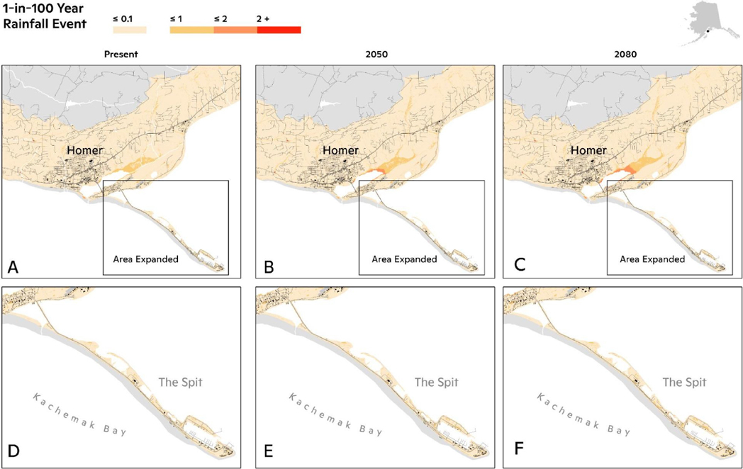 Inundation Map for a 1-in-100 Year Rainfall Event for Present, 2050, and 2080 for Homer, AK