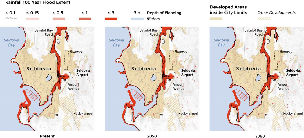 Inundation Map for a 1-in-100 Year Rainfall Event for Present, 2050, and 2080 for Seldovia, AK