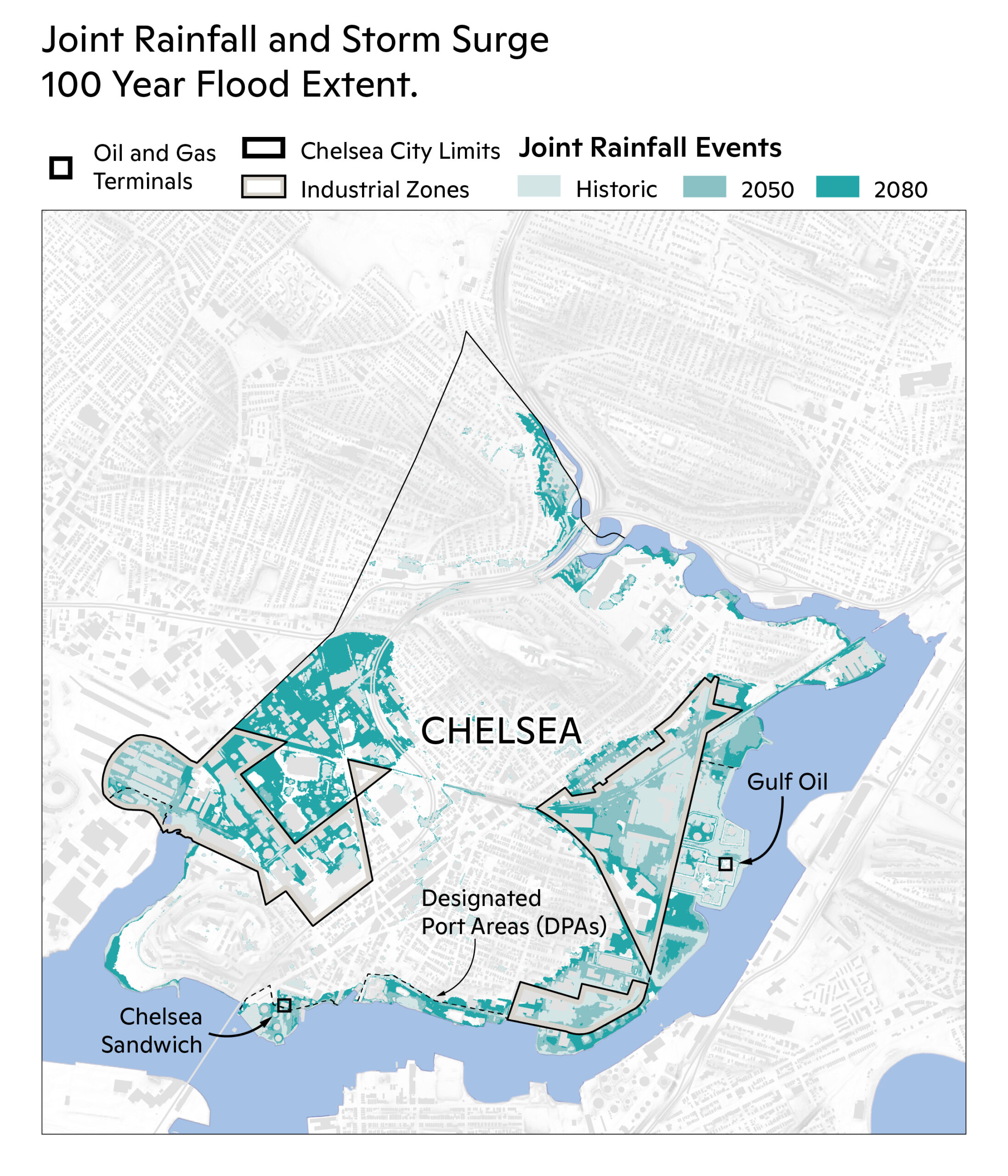 map showing 1 in 100 year flood extent combined from rainfall and storm surge