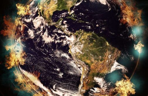 An illustration of a satellite image of the earth with flames added artistically