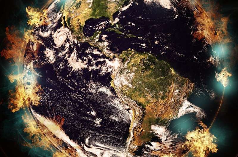 An illustration of a satellite image of the earth with flames added artistically