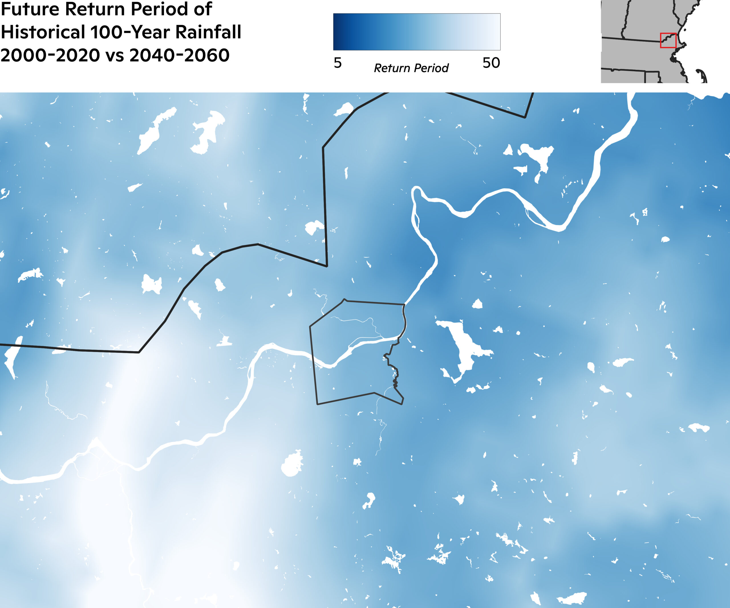 Future return period of historical 100-year rainfall 200-2020 vs 2040-2060