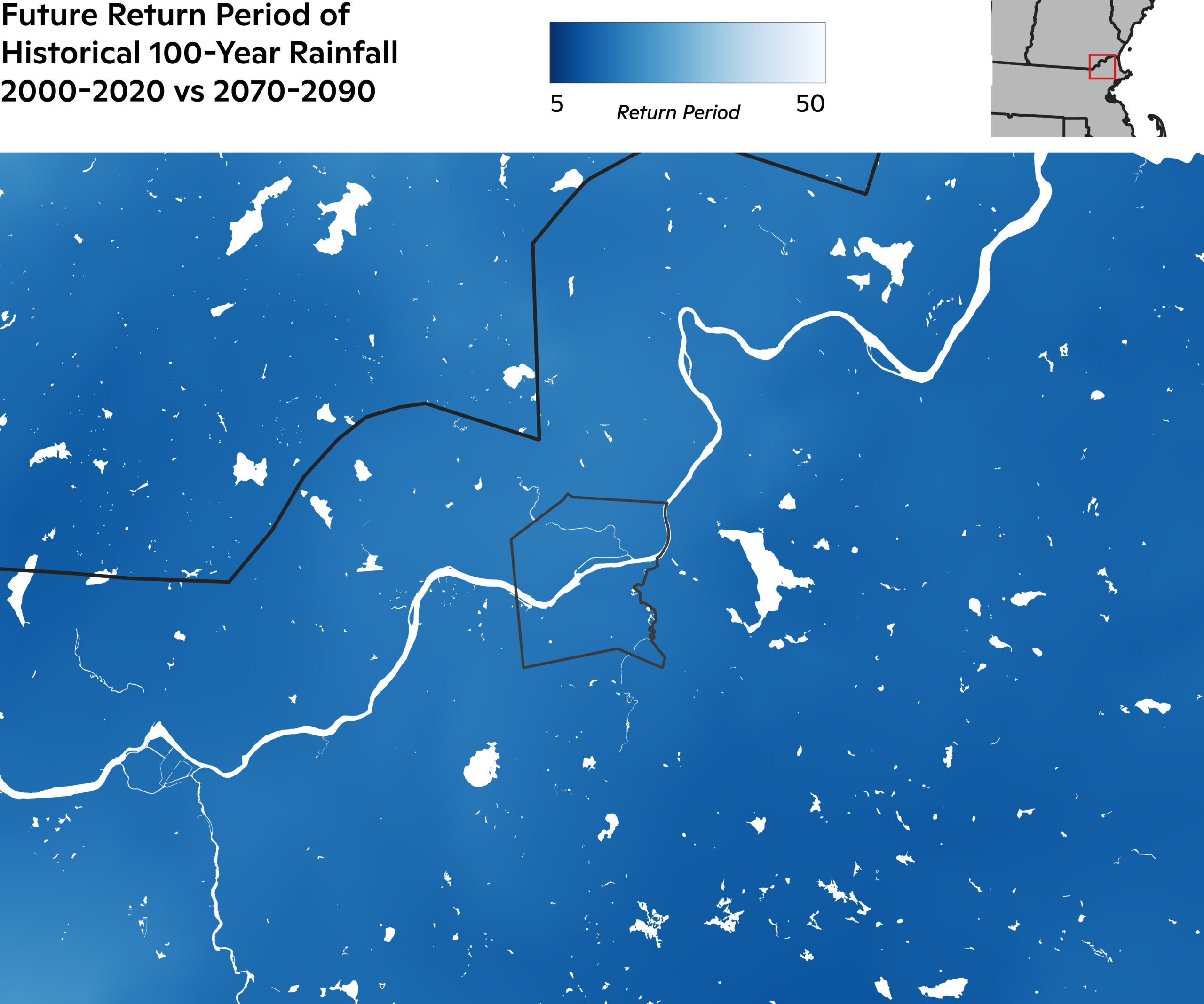 Future return period of historical 100-year rainfall 200-2020 vs 2070-2090