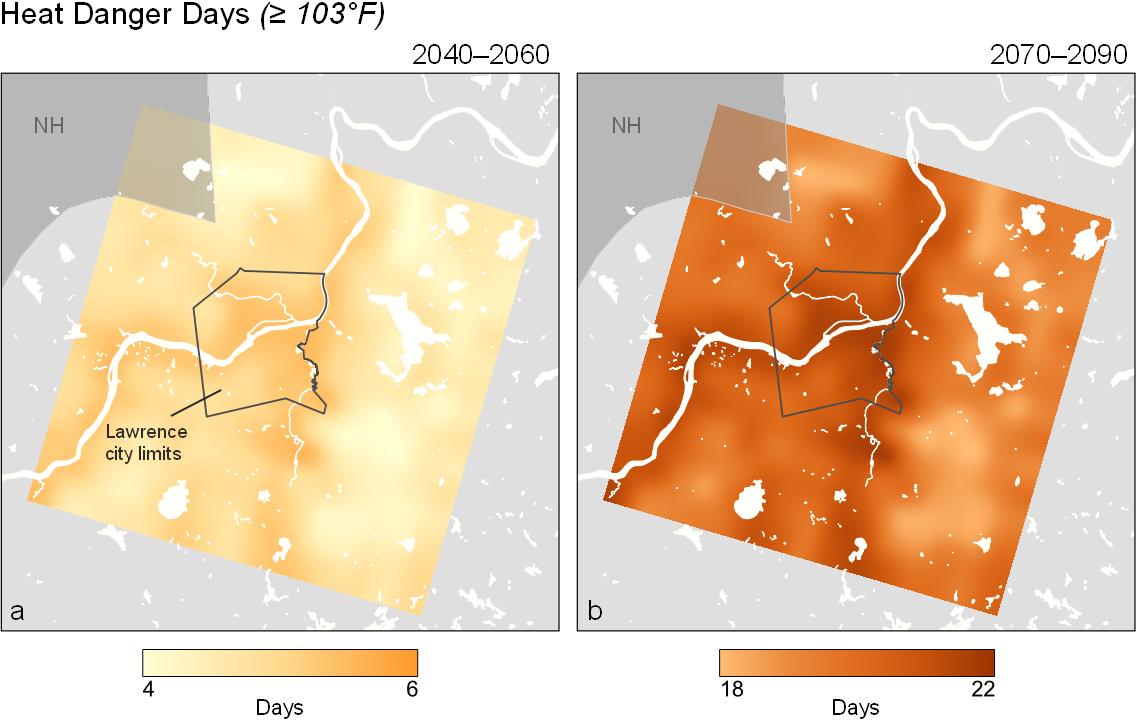 Lawrence, MA heat danger days at 103F or above for 2040-2060 vs 2070-2090