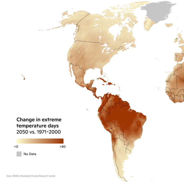 map depicts how many extra days will exceed the historical (1971–2000) 95th percentile extreme temperature in 2050