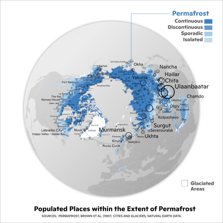 map of populated places within the extent of permafrost