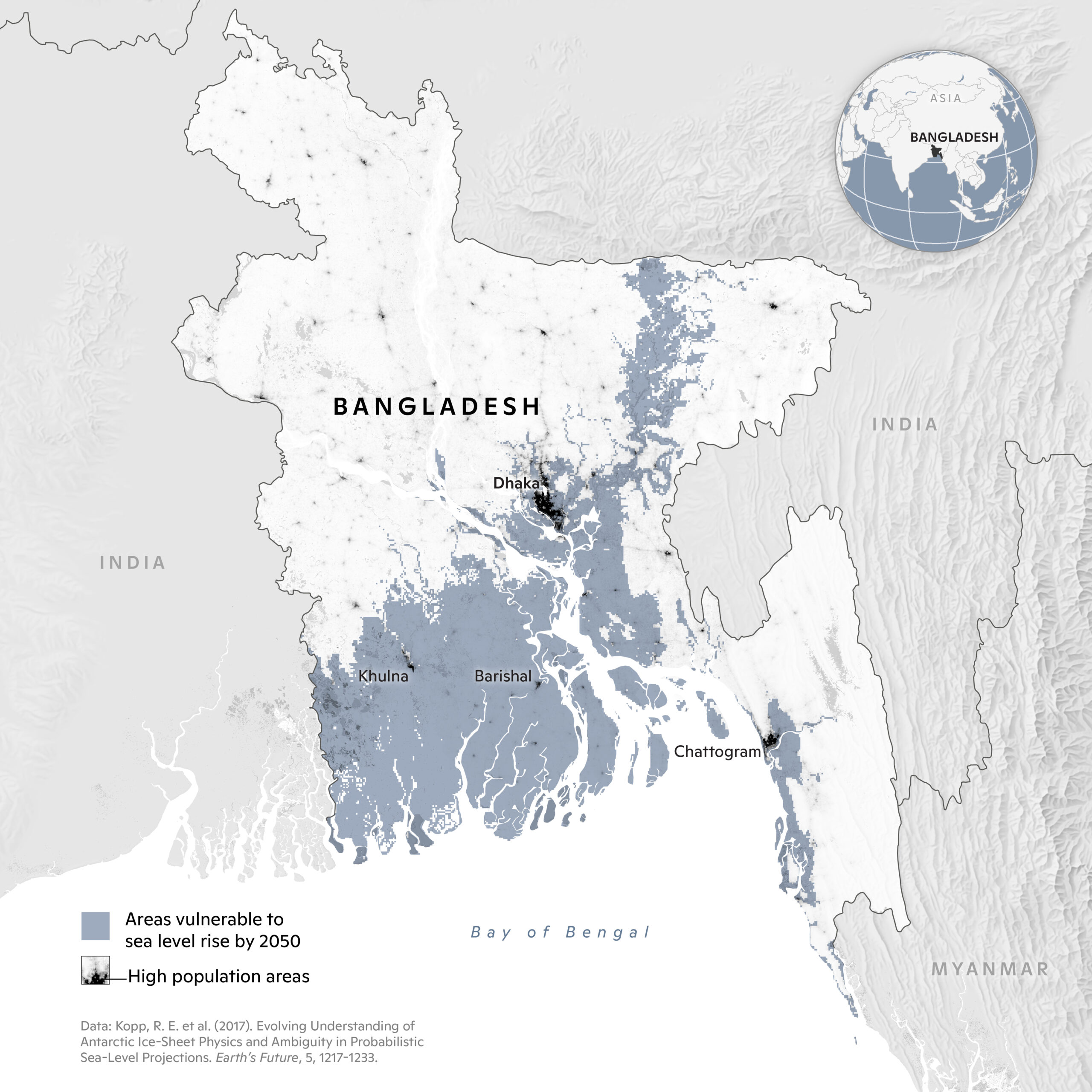 map of Bangladesh with areas vulnerable to sea level rise by 2050