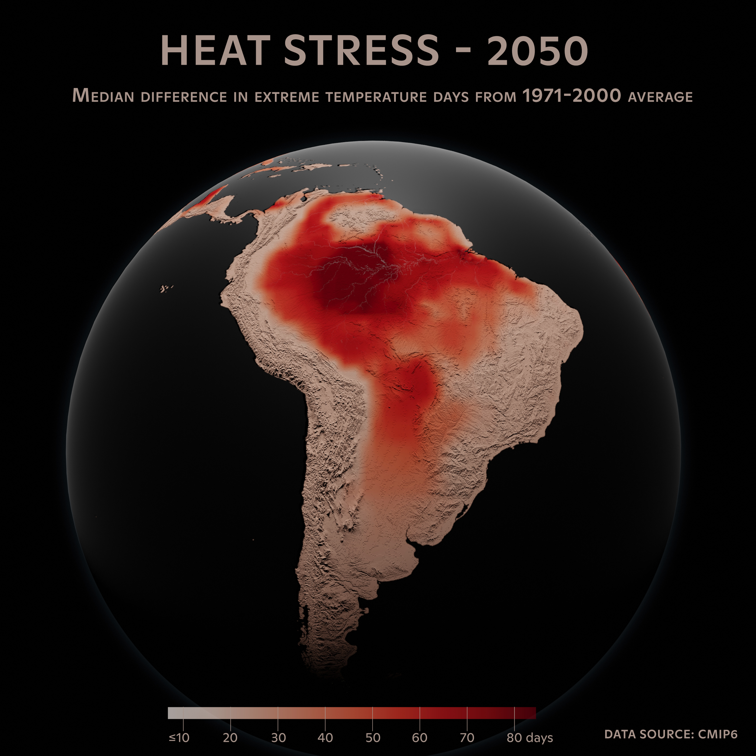 Map showing the extent of heat stress in Brazil in 2050