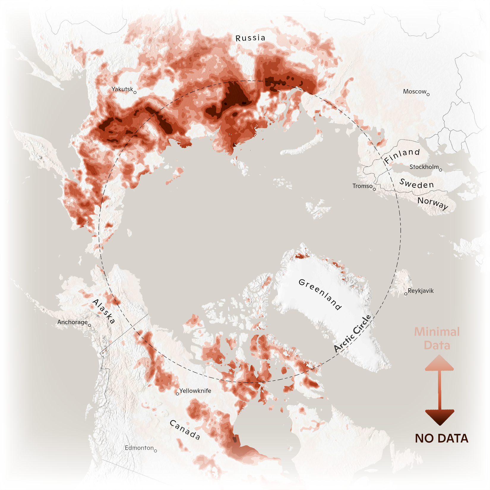 map of lack of Arctic permafrost data